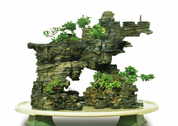 Liu Chuangang's work "Cloudy Cliffs Overlapping Green" (Hubei layered stone, Bolan (Blachia siamensis), Shou Niangzi, pot diameter 80cm, peak height 76cm)