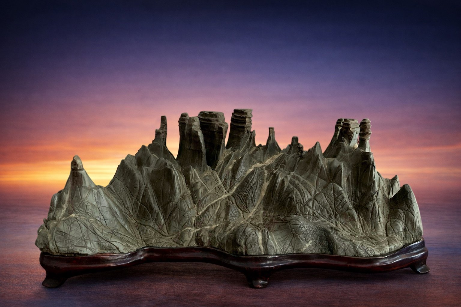 Rempō-seki (Mountain Range Stone). An outstanding example from the author’s personal collection, distinguished by its remarkable ability to evoke the grandeur, rhythm and atmosphere of a natural mountain range.