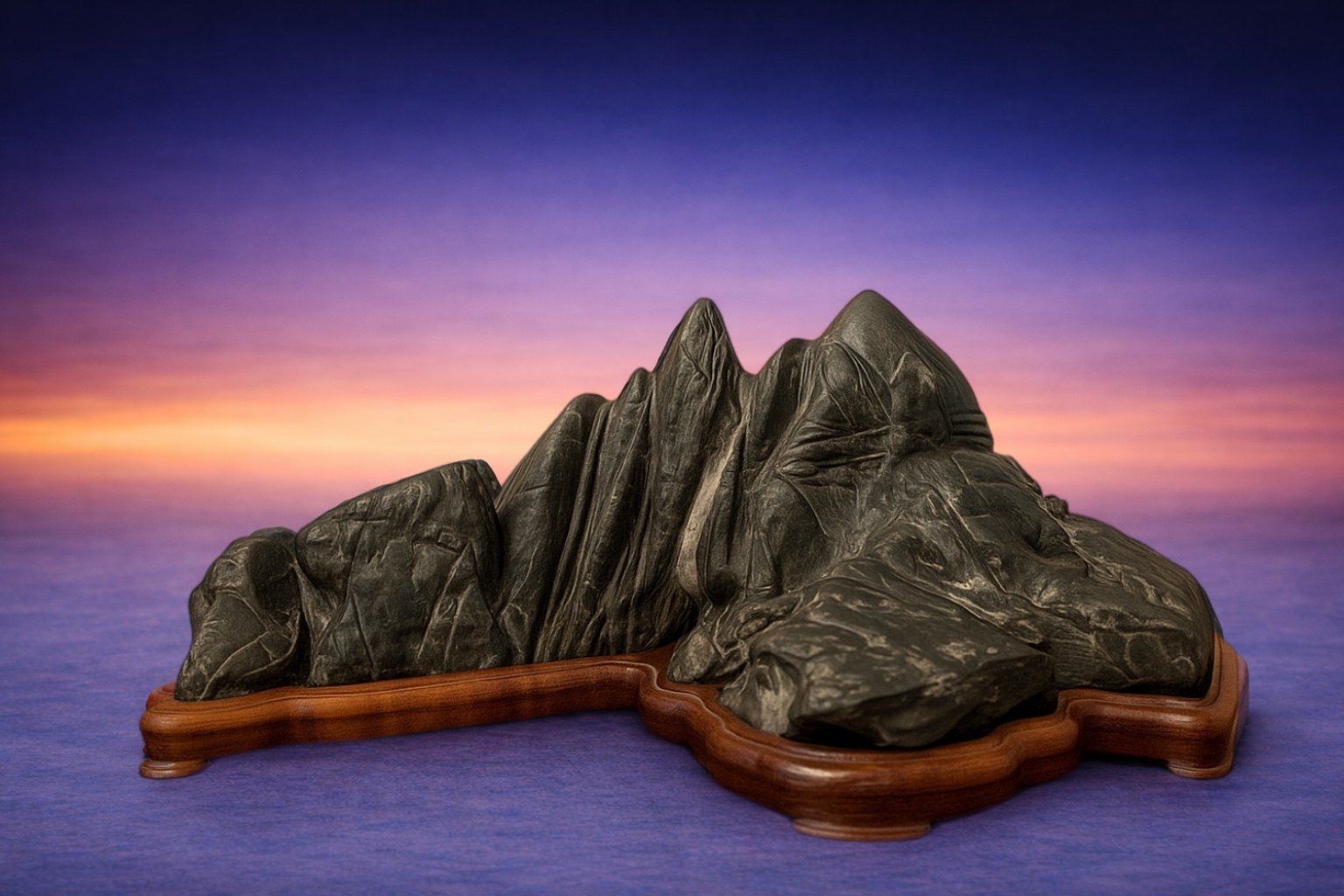 Rempō-seki (Mountain Range Stone). Despite its modest size, small enough to fit comfortably in the palm of one hand, this suiseki evokes the grandeur and vastness of an extensive mountain range, inviting the viewer to experience the depth and scale of a natural landscape.
