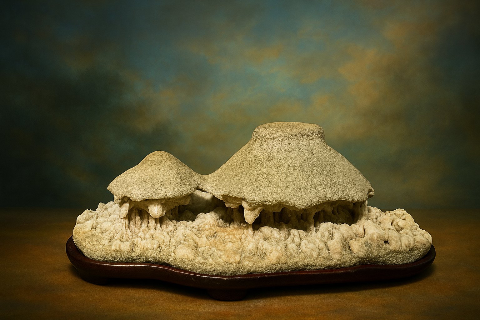 Kuzuya-ishi (Thatched Hut Stone). This naturally formed suiseki evokes a pair of traditional rural huts nestled harmoniously within the landscape. Its remarkable natural character and quiet simplicity convey a profound sense of serenity, recalling the timeless beauty of life in close harmony with nature.