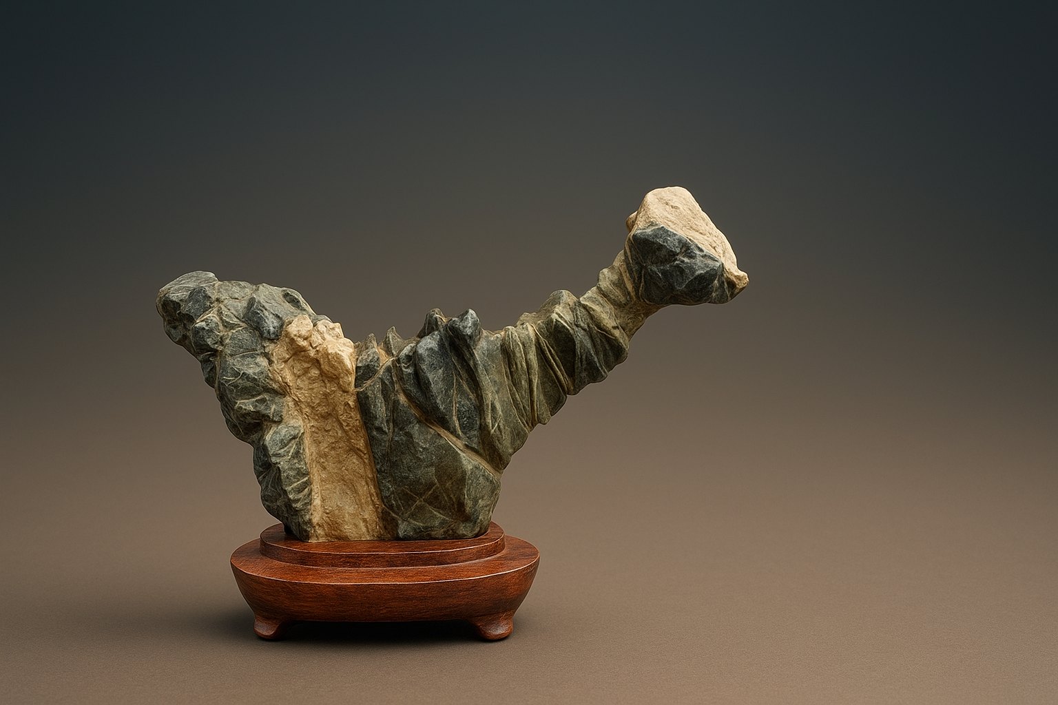 Sugata-ishi (Figure Stone). This naturally formed suiseki evokes the silhouette of a mythical creature, illustrating nature's extraordinary ability to inspire the imagination through subtle and expressive forms.
