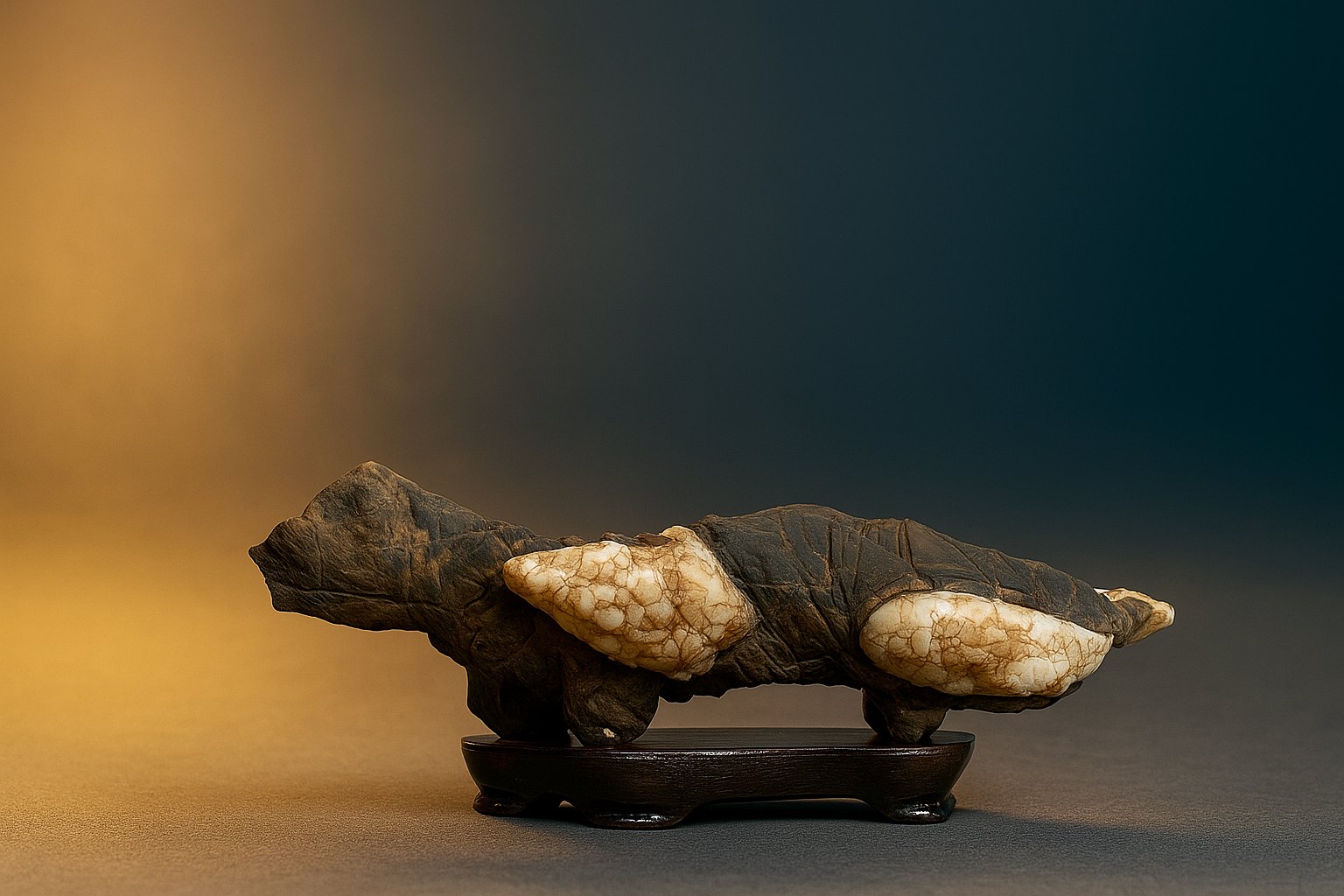 Sugata-ishi (Figure Stone). The graceful contours of this suiseki suggest a living animal while retaining an air of mystery, blurring the boundary between the natural world and mythical imagination.