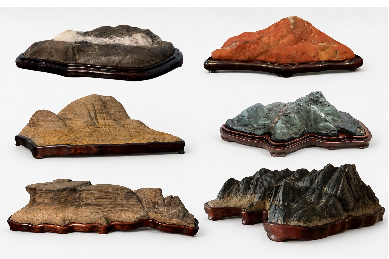 Examples of six suiseki from the author's collection, illustrating the wide variety of rock types and natural colors found in viewing stones. Their different geological origins have produced distinctive textures and hues, while allowing nature to create forms that evoke landscapes and other natural subjects.
