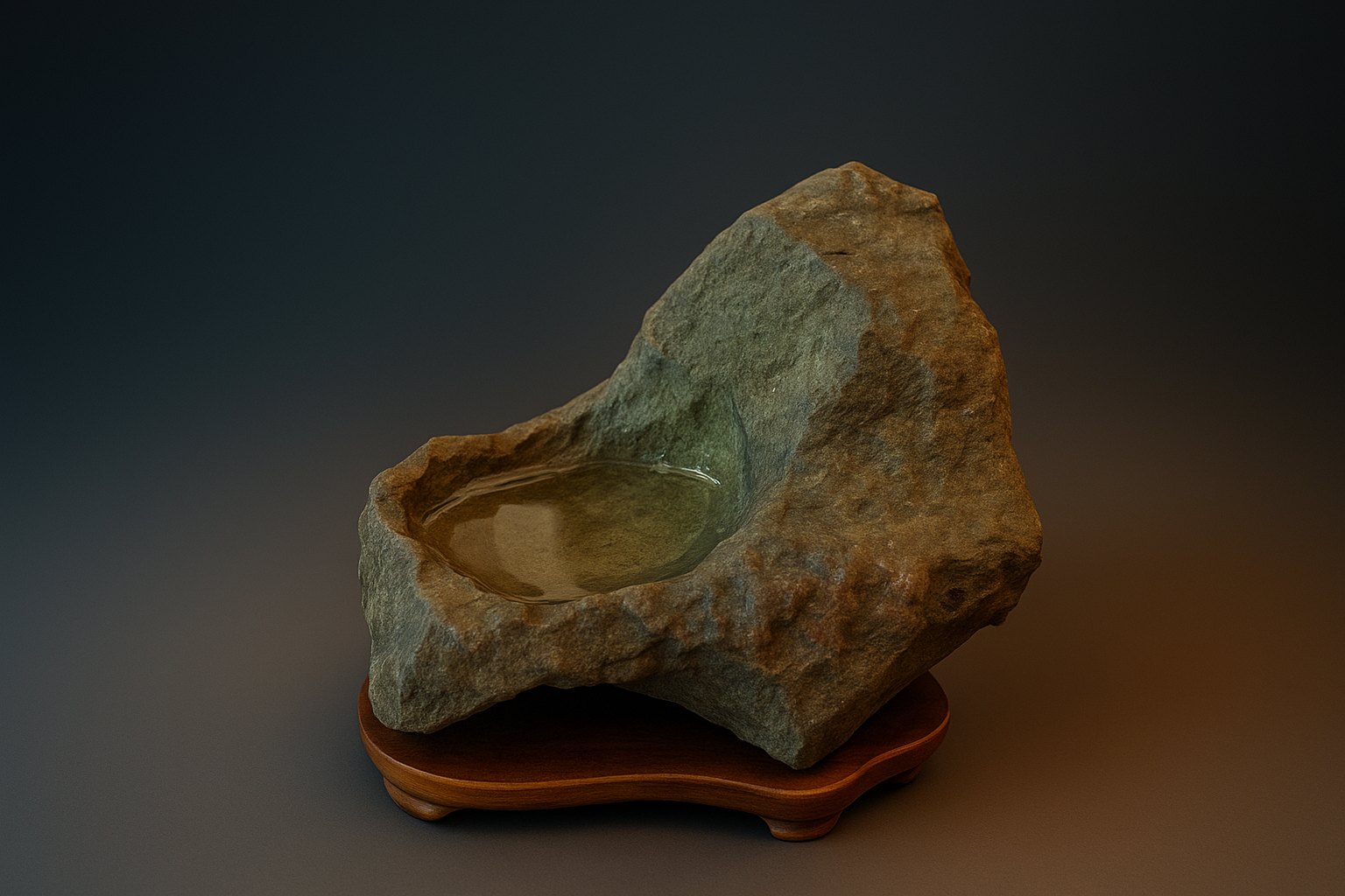 Pool stone (Chi-seki) displayed on a custom-carved daiza. Its irregular base and sculptural form make a wooden stand the most appropriate presentation, preserving the stone’s balance while enhancing its natural beauty.