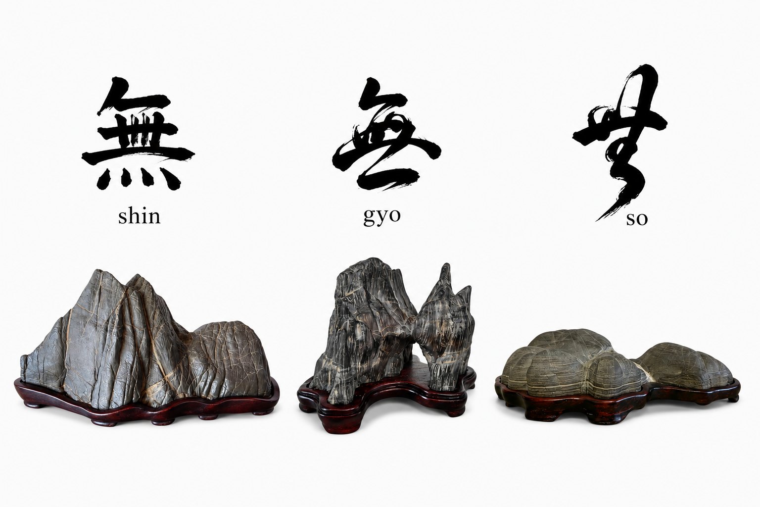 Formal (Shin) character. A powerful and dignified viewing stone with a strong, masculine presence, expressing stability, authority, and refined elegance in accordance with the highest level of traditional Japanese display aesthetics. Semi-formal (Gyō) character. A viewing stone with a balanced and graceful character, combining refinement with natural softness. Its gentle movement and harmonious proportions create a calm and welcoming presence. Informal (Sō) character. A viewing stone with a free, spontaneous, and expressive form, celebrating natural irregularity and the unrestrained beauty found in nature.