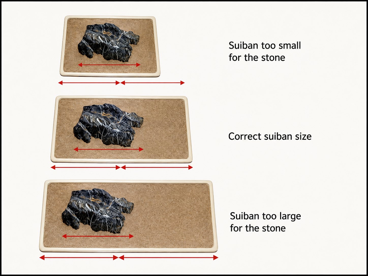 Choosing the correct suiban size. The ideal tray is approximately twice the length of the viewing stone, creating the balanced sense of space that is fundamental to traditional Japanese display. Oversized and undersized trays weaken the composition, while the correct proportion enhances the stone’s presence and harmony. Photos © José Manuel Blázquez.