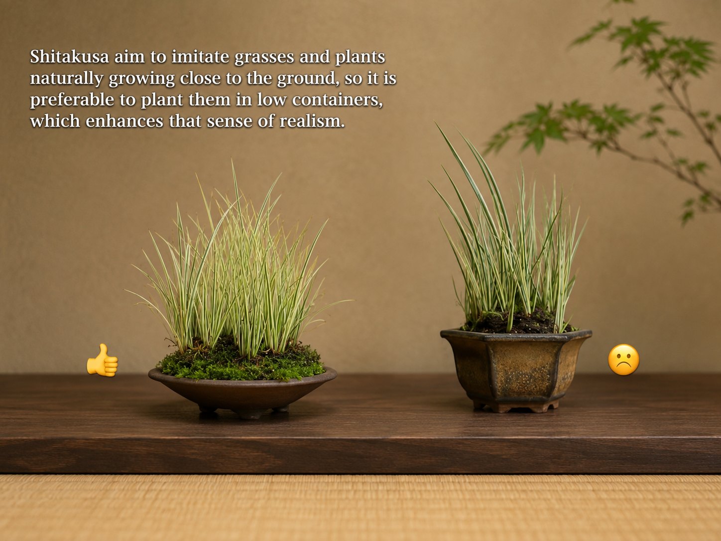Shitakusa (下草), literally meaning “grass below,” is an accompanying planting used to reinforce the seasonal atmosphere of a display when the suiseki itself does not clearly express a particular season, or to complement the landscape or natural scene being evoked. In accordance with its traditional role, it should always be placed close to the floor and displayed in a low container that does not visually elevate it, preserving its natural relationship with the ground. © Bonsai Keidō Ippū