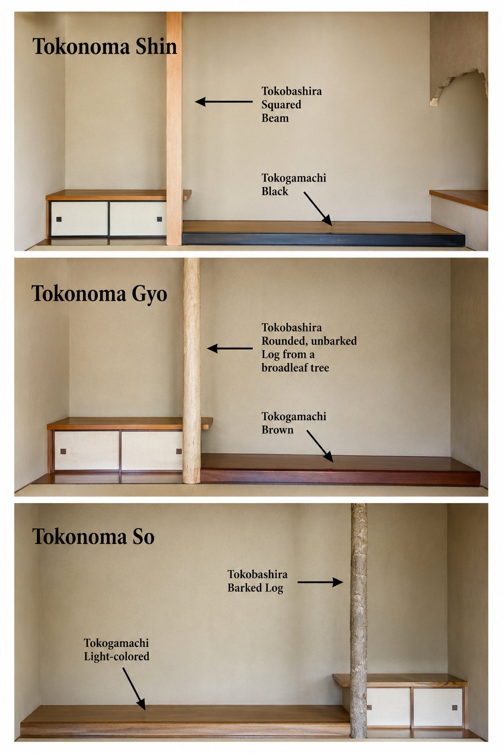 Three traditional tokonoma display styles: Shin (formal), Gyō (semi-formal), and Sō (informal), illustrating the different degrees of formality that govern the arrangement of a suiseki composition. These three styles are explained later in the section “Display Styles: Shin, Gyō, and Sō”. © Bonsai Keidō Ippū