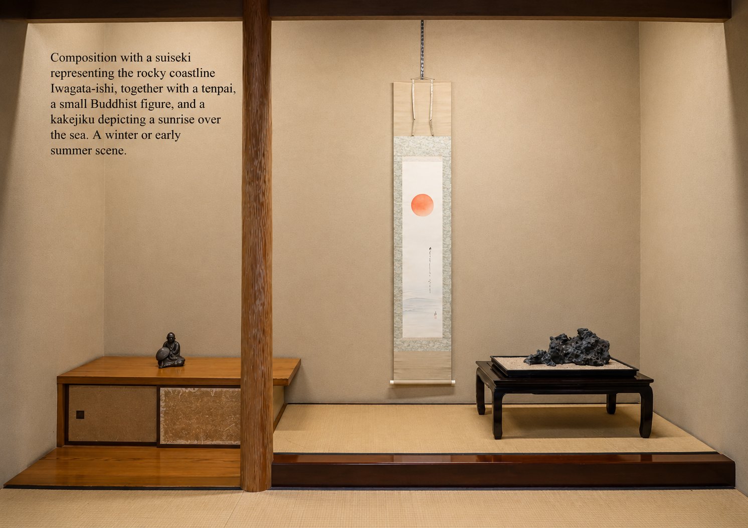 Suiseki composition featuring a pilgrim-shaped stone and a summer kakejiku. The presence of the suiseki, together with the tenpai and the hanging scroll depicting the sun, creates an evocative scene inspired by the Japanese summer. Seasonality carries the composition, but beneath it runs the story of an inner journey set within a recreated natural world—an invitation to contemplate the passage of time and the bond between nature and the human spirit. © Bonsai Keidō Ippū