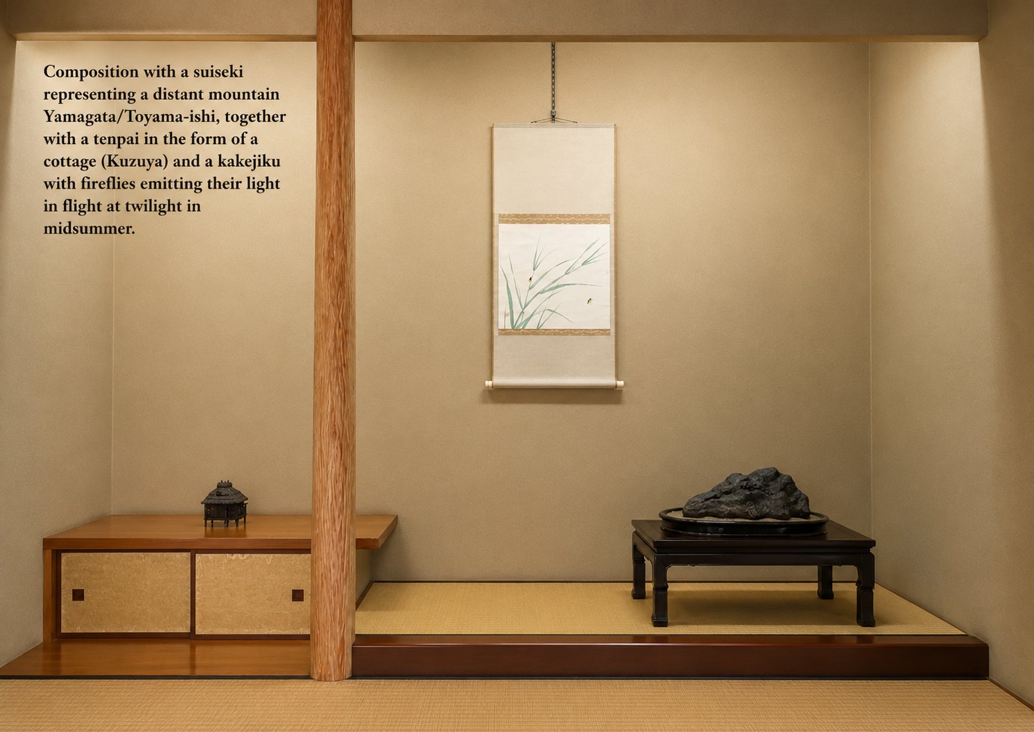 Suiseki composition featuring summer insects depicted in the kakejiku. The display evokes one of the traditional symbols of the Japanese summer: the fleeting presence and song of seasonal insects. The season is only the surface here; beneath it lies the quiet story of a living landscape, with every element serving a single natural scene. © Bonsai Keidō Ippū