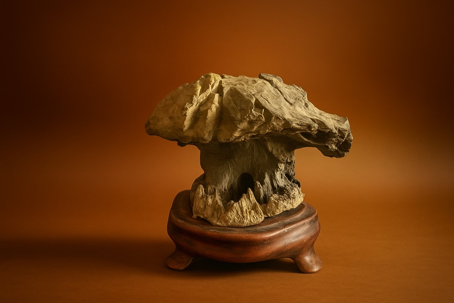 Kuzuya-ishi, an object stone whose form evokes a traditional Japanese rural cottage with its characteristic thatched roof. Such stones are appreciated for their ability to suggest familiar architectural forms through natural shape alone.