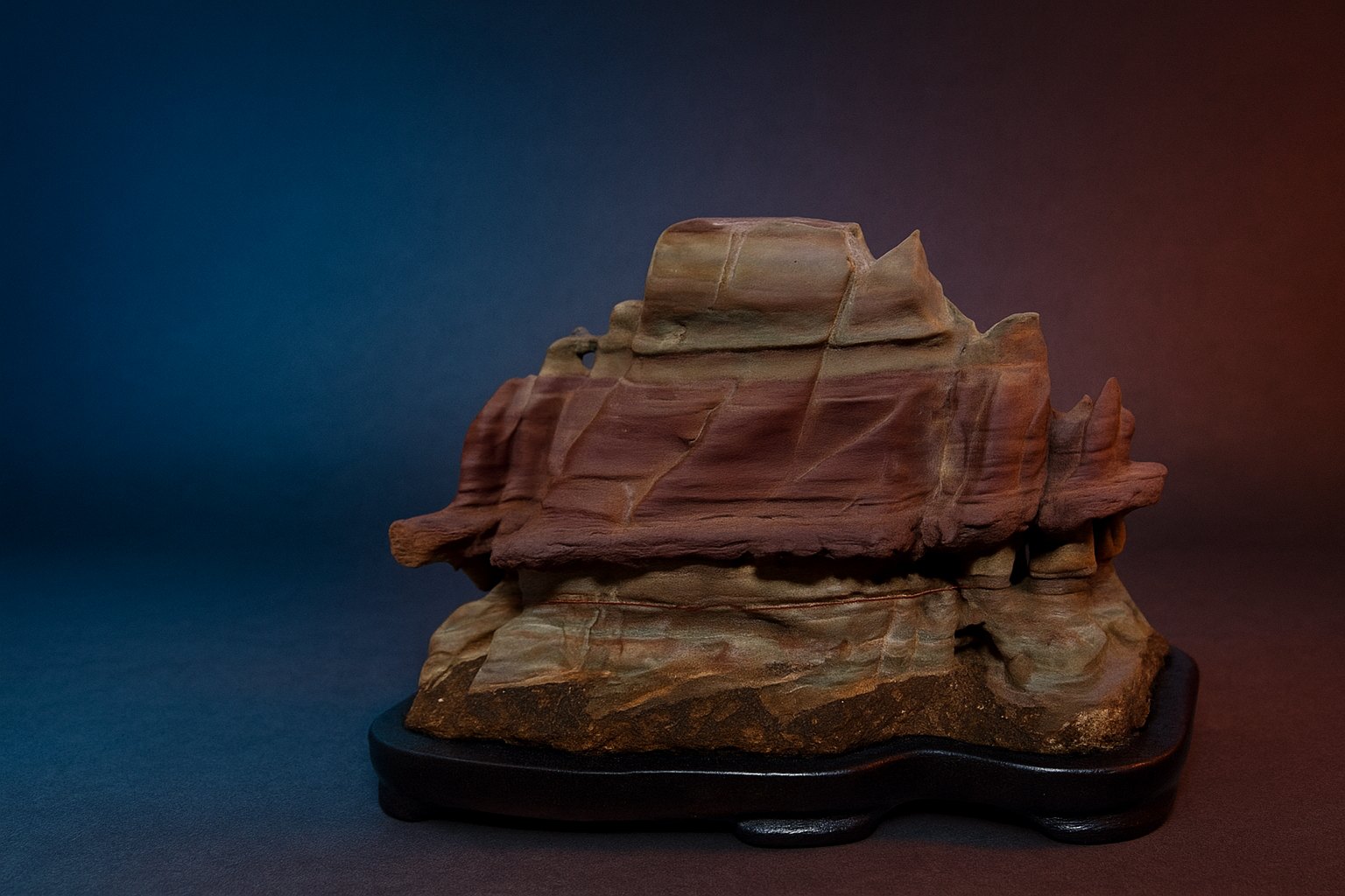 A Kuzuya-ishi should always be displayed on a daiza, as the stone represents a rustic mountain hut rather than an open landscape. The wooden stand provides the visual support that naturally belongs to the image suggested by the stone, whereas displaying it in a suiban would imply an open natural setting and therefore contradict its intended interpretation.