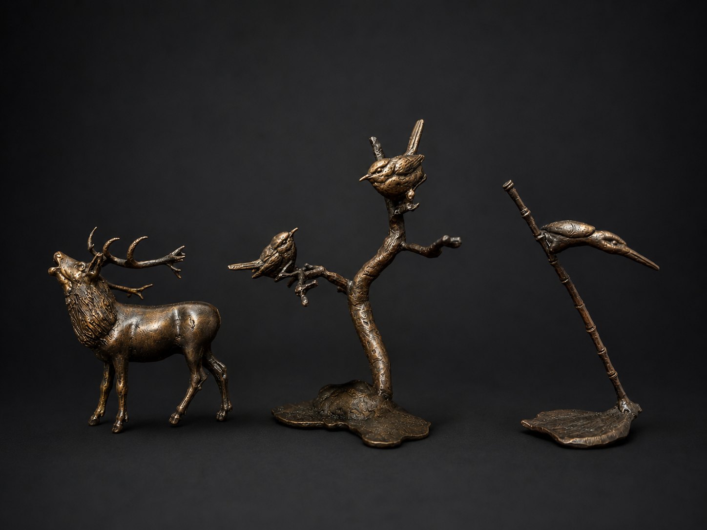 Three tenkei from my personal collection, handcrafted by the renowned Italian artist Andrea Terrinazzi. Elegantly understated, these accent figures enrich a composition by reinforcing its seasonal atmosphere or completing the story suggested by the suiseki, while always remaining secondary to the main display.