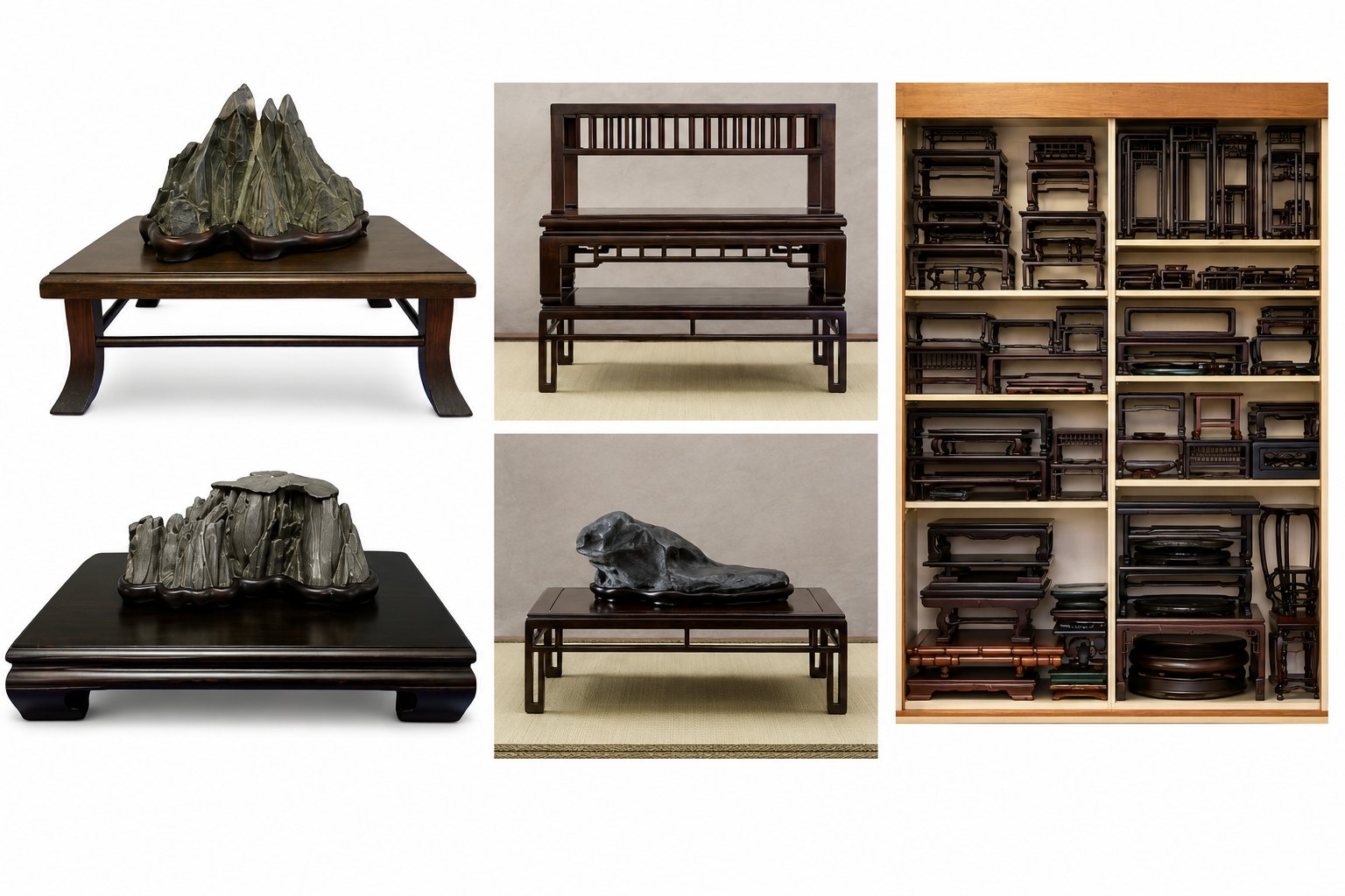 The choice of display table is one of the most important decisions in suiseki presentation. A well-matched table enhances the stone’s beauty, character, and visual presence, while an unsuitable one can diminish its impact. Every aspect of the stone—its form, style, proportions, visual weight, and the image it evokes—should be carefully considered. Above all, the character of the table should harmonize with that of the stone: graceful, flowing, and more informal stones are best paired with elegant tables of similar refinement, whereas more formal, robust stones with greater visual weight and stronger lines are complemented by tables that convey the same sense of strength and dignity.