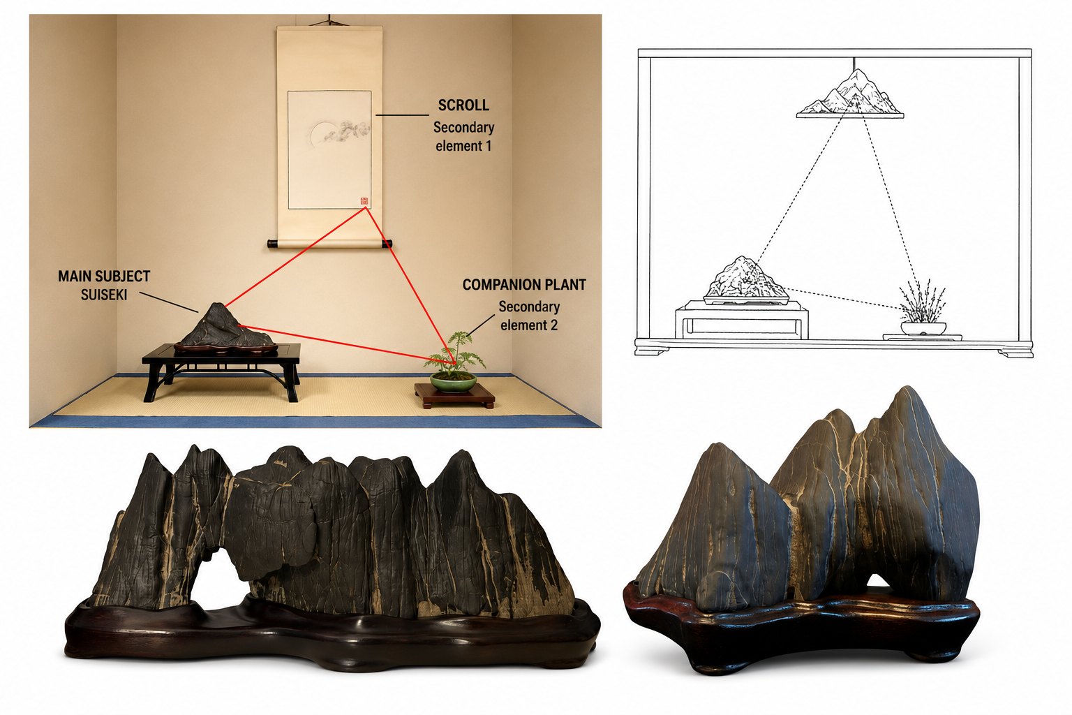 Understanding the direction of a suiseki and positioning it correctly within the composition is one of the fundamental principles of display. Together with the careful placement of the accompanying elements, it creates the balance, harmony, and visual flow that give the composition its expressive power.