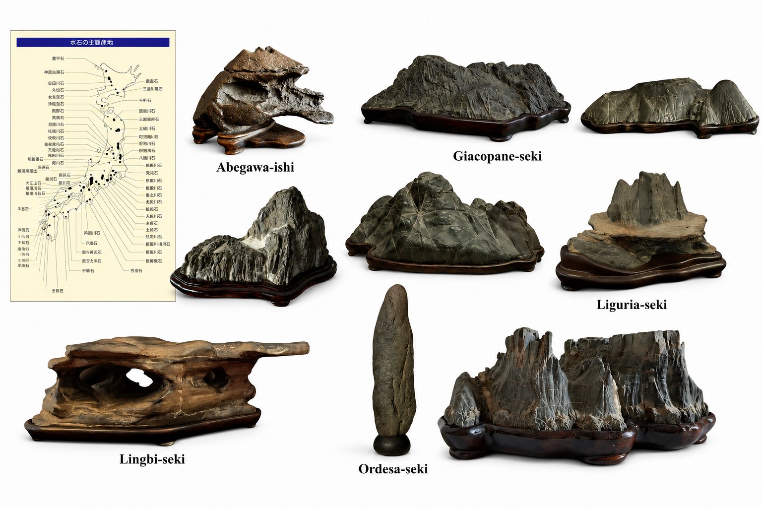 Provenance Map & Origin Stones: In Japan, the most traditional way of identifying and classifying suiseki is by their place of origin, with stones often named after the river, mountain, or region from which they were collected. In the West, however, they are more commonly classified according to the landscape or natural form they suggest. Stones collected outside Japan can equally be identified using the traditional Japanese convention, emphasizing the geographical origin of the stone rather than its visual interpretation.