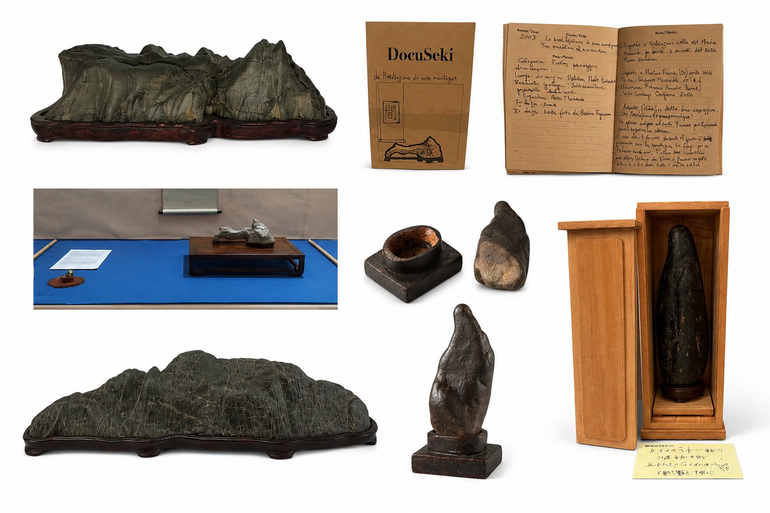 A consistent classification and documentation system preserves the identity and history of a suiseki throughout its lifetime. In Japan, this information has traditionally been recorded as inscriptions on the kiribako (paulownia wood storage box). More recently, in Europe, Mimmo Abate introduced the Dokuseki system, a “stone passport” designed to document the provenance, characteristics, ownership, and exhibition history of each suiseki, ensuring that its story is preserved for future generations.