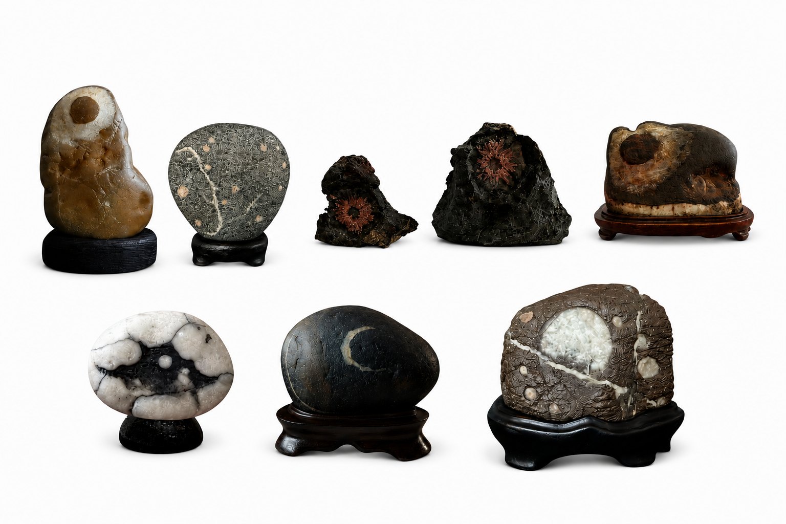 The remarkable diversity of surface patterns, textures, colors, and natural markings found in suiseki allows them to evoke an extraordinary range of landscapes and natural phenomena. Some stones suggest mountains, waterfalls, or distant islands, while others recall chrysanthemums (Kikka-seki), celestial bodies, clouds, or other forms shaped by nature. Each stone invites quiet contemplation, allowing the viewer to discover a unique image through its naturally formed features.